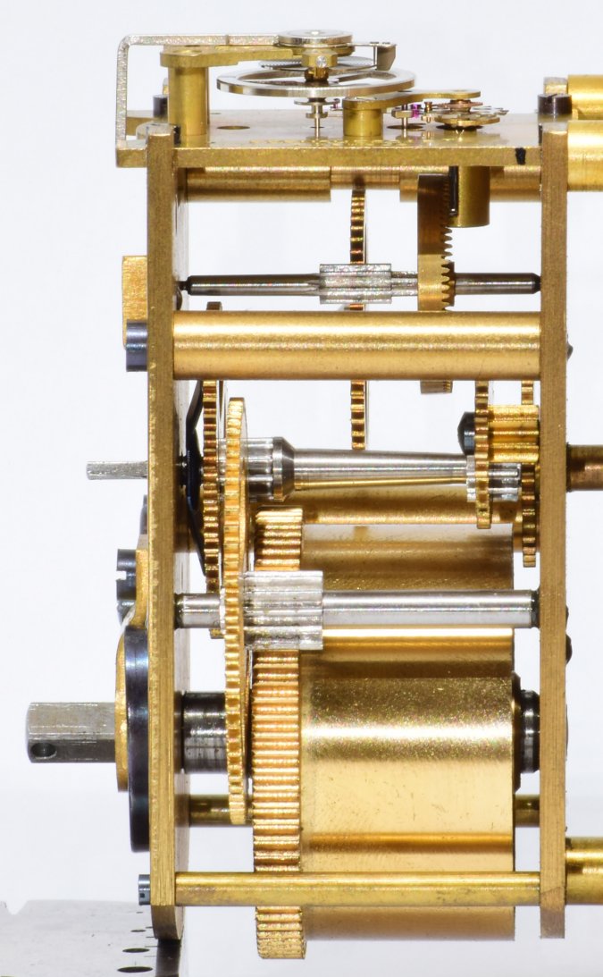 Elliott clock mechanism 1980s side view showing gears