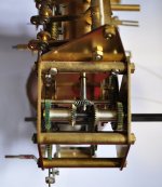 1980 Urgos 9 tubular bell grandfather clock mechanism side view of the contrate gears in the chime train