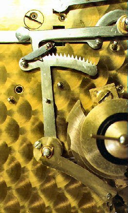 Herschede clock showing strike rack with hook lever and gathering pallet
