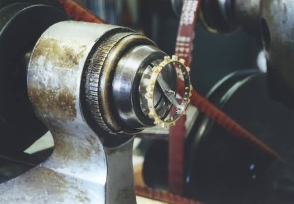watch balance wheel mounted in the watchmakers lathe