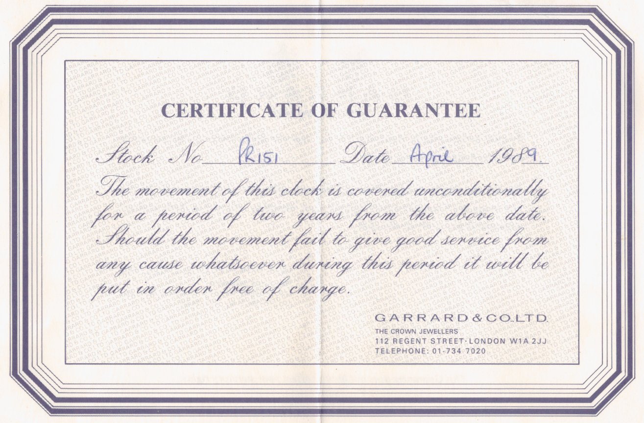 Elliott clock certificate of guarantee