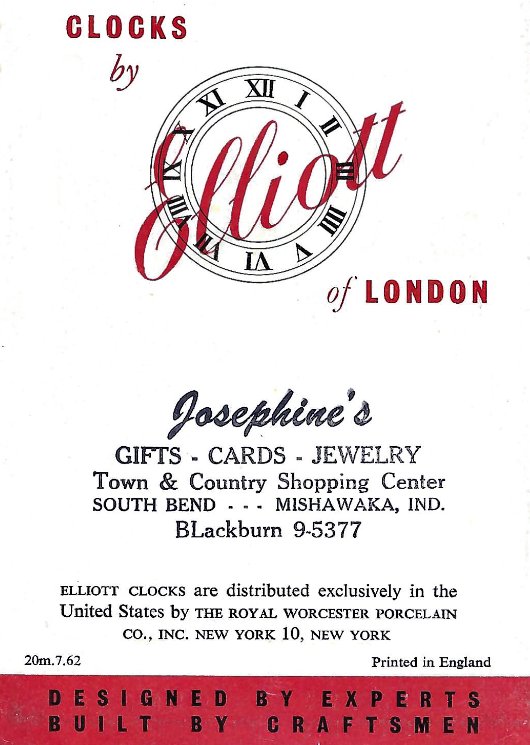 Elliott clocks catalog back page