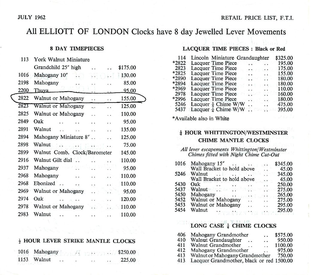 Elliott clocks price list in 1962