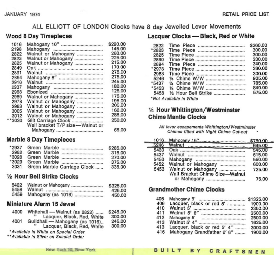 Elliott clocks 1974 price list
