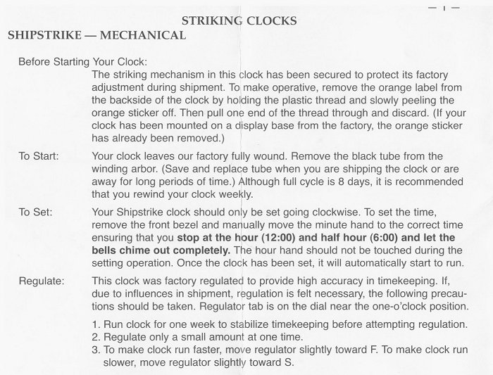 Chelsea ship's bell clock owner's manual from 2007